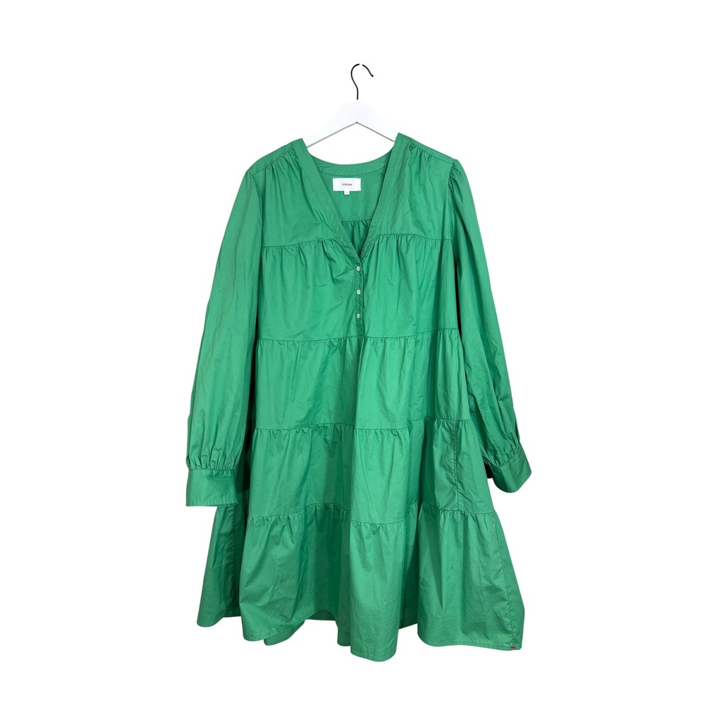 Xirena Green Cotton Poplin Tiered Mini Dress XL Long Sleeve Button V-Neck